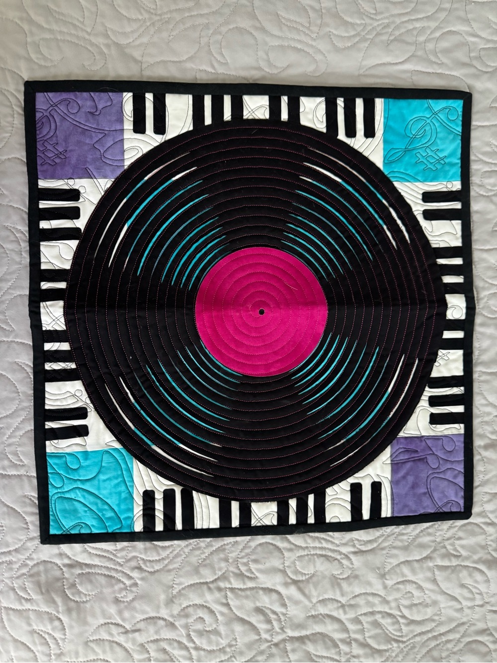 Handcrafted Quilted Vinyl Record & Piano Keys Wall Art | 18”x18”